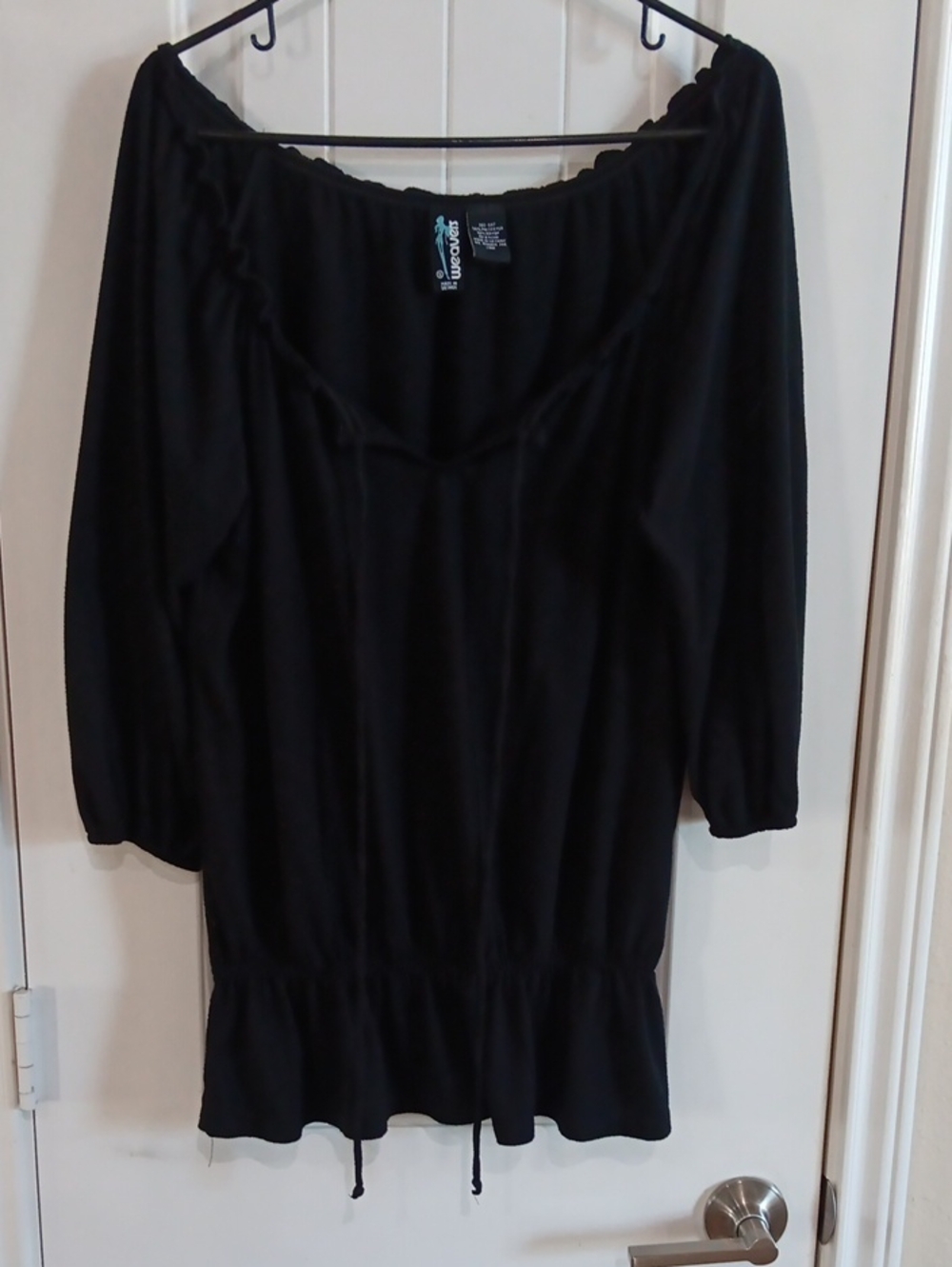 Y2K Weavers Black Smocked Peasant Blouse Top 3/4 Sleeve Small